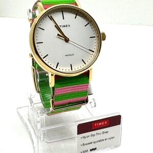Timex 37mm Gold Color Fairfield Round Watch with Pink Green Strap New in Box